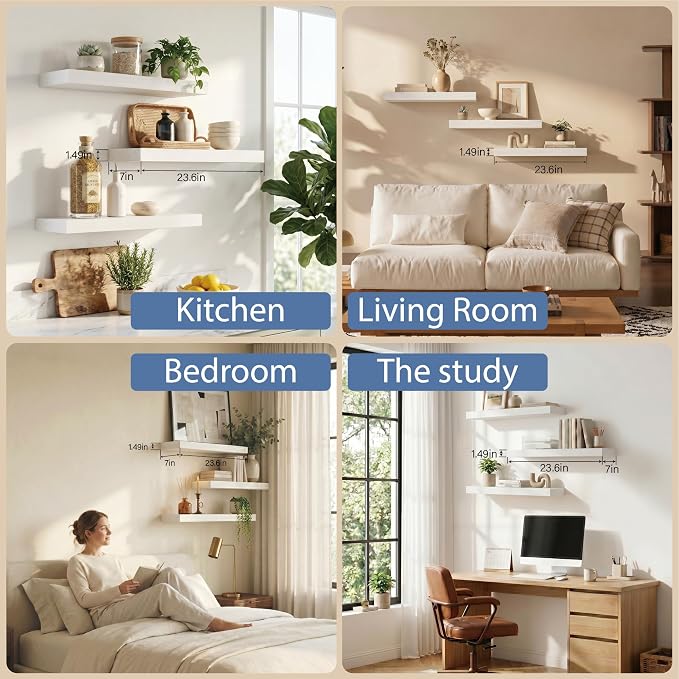 Floating Shelves for Wall, Bathroom Shelves Over Toilet, Wall Shelves & Book Shelf for Room, Hanging Shelf, Modern Wooden Mounted Floating Shelves, 24x7x1.5 in (White, Set of 3)
