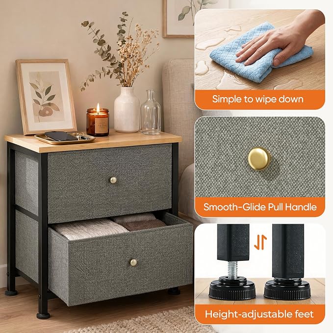 Sweetcrispy Nightstand Set of 2 with 2 Storage Drawers, Small Bedside Table | 20" Height Furniture End Table, Wooden Top Fabric Cabinet for Bedroom, Closet, Entryway, Ink Green 2Pack