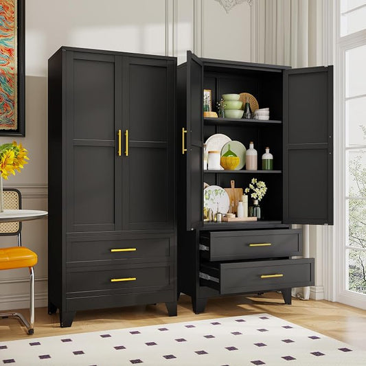 GAIOUS Steel Pantry Cabinet, 71" Metal Storage Cabinets with 2 Doors | 2 Adjustable Shelf and 2 Drawers, Freestanding Storage Cabinet for Bedroom, Kitchen, Home Office (Black)