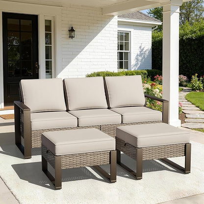 Joyside Outdoor Patio Sofa, 4 Pieces Wicker Rattan Furniture Set, 1 Patio Couch and 2 Ottoman, Metal Wide Armrest, Thick Cushions and Deep Seating for Garden, Backyard, Porch, Deck