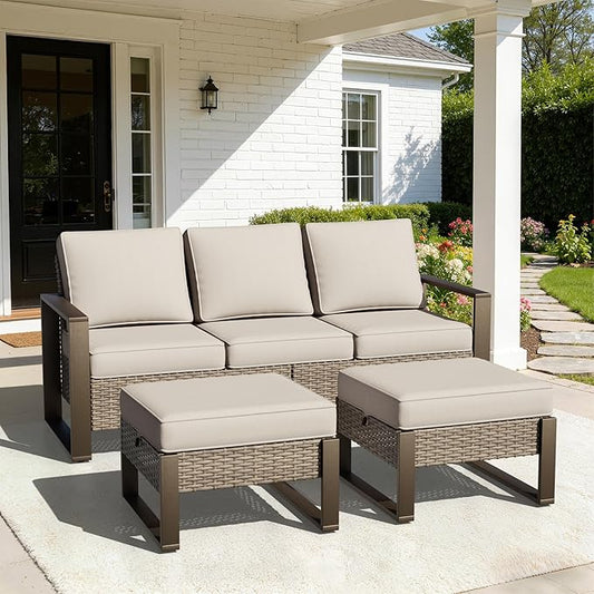Joyside Outdoor Patio Sofa, 4 Pieces Wicker Rattan Furniture Set, 1 Patio Couch and 2 Ottoman, Metal Wide Armrest, Thick Cushions and Deep Seating for Garden, Backyard, Porch, Deck
