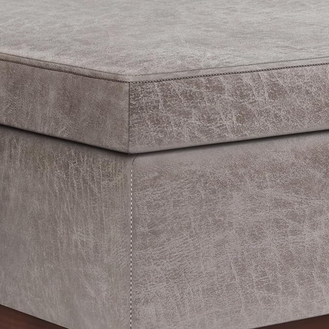 SIMPLIHOME Owen Lift Top Coffee Table Storage Ottoman - 42 inch Wide Upholstered Vegan Leather Rectangular Lift-Top Ottoman in Distressed Grey Taupe, Mid-Century Modern Ottoman for Living Room