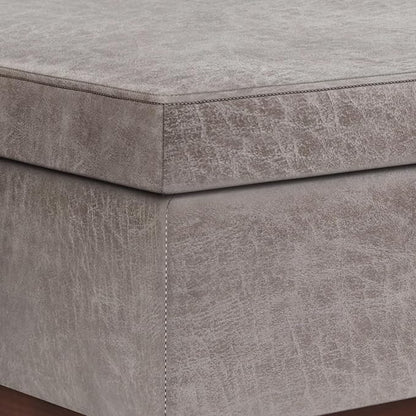 SIMPLIHOME Owen Lift Top Coffee Table Storage Ottoman - 42 inch Wide Upholstered Vegan Leather Rectangular Lift-Top Ottoman in Distressed Grey Taupe, Mid-Century Modern Ottoman for Living Room