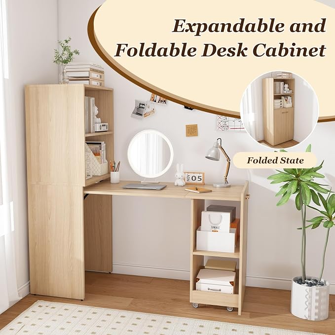KEIKI Home Office Stretchable Desks with Storage Shelves and Mobile Wheels, Modern Wood Foldable Desk Gaming Computer Corner Table for Apartments Work, Study, Writing, Natural