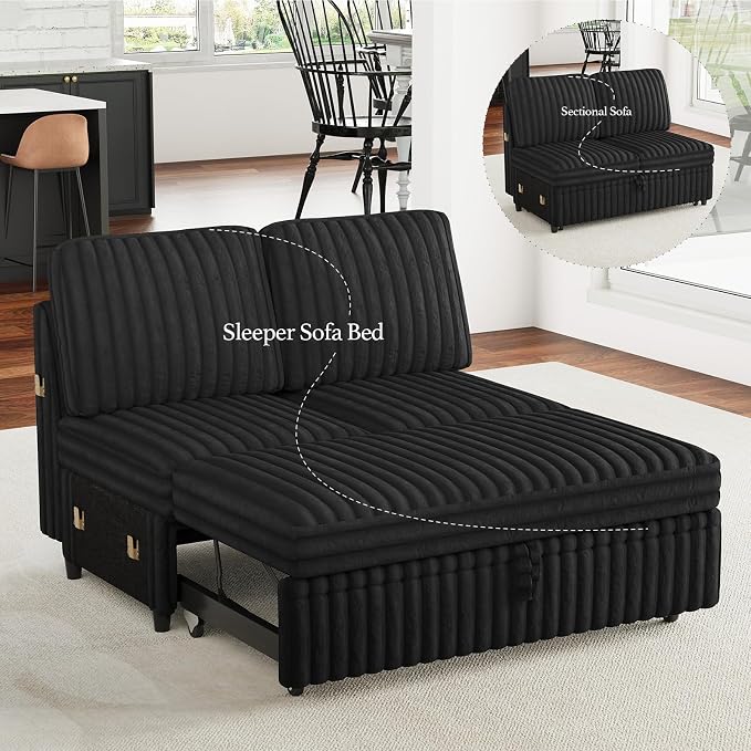Belffin Corduroy Sleeper Sofa with Pull Out Bed Module Loveseat with Pullout Bed for Sectional Sofa Couch Black Couch