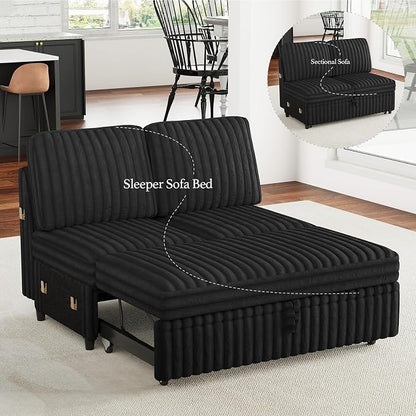 Belffin Corduroy Sleeper Sofa with Pull Out Bed Module Loveseat with Pullout Bed for Sectional Sofa Couch Black Couch