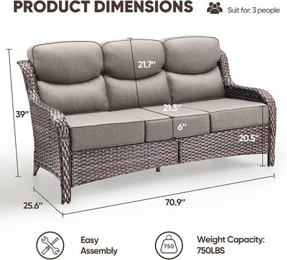 Luxury Patio Sofa 3-Seat Wicker Couch with 6" Thick Cushion - Outdoor Furniture Rattan Sofa with Deep Seating High Back Outdoor Sofa for Patio Garden Balcony Sunroom Backyard, Brown Grey