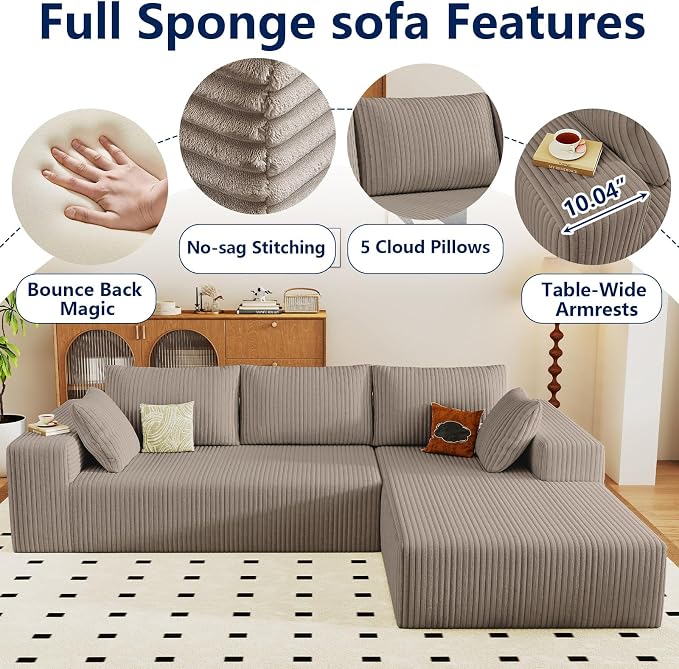 96" Modular Sectional Sofa, Modern Corduroy Cloud Couch with Deep Seat, Boneless Couch Upholstered 3-Seater L-Shaped Sofa for Living Room, No Assembly Required (Camel, Right-Facing Chaise)