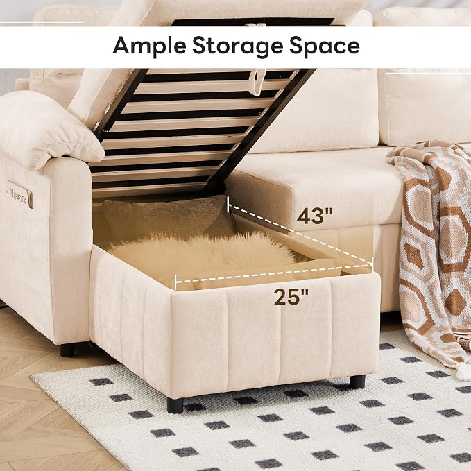 Tbfit 108'' Pull Out Sofa, Cloud Sleeper Sofa Bed with USB & 2 Storage Chaises, Comfy Oersized U Shaped Convertible Sectional Sleeper Couches for Living Room, Apartment, Office, Beige
