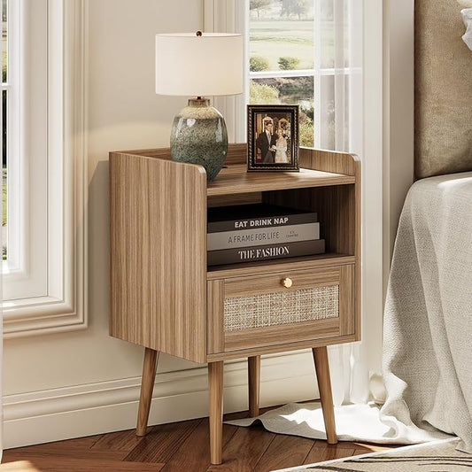 MECHYIN Night Stand Set 2, Nightstands Set of 2 with Charging Station, Rattan Side Tables with Solid Wood Legs, Boho Bedside End Table for Apartment Bedroom Dorm Small Space