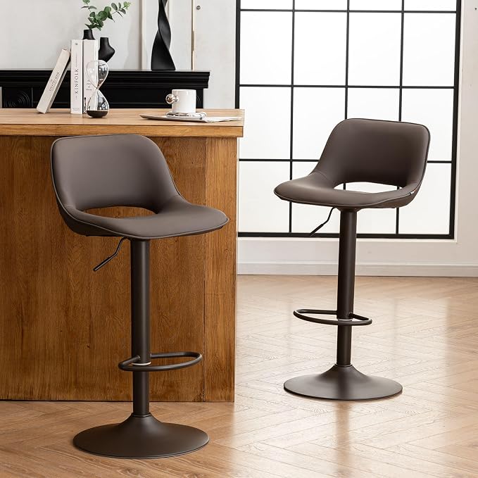 YOUNIKE Bar Stools Set of 2 Modern Swivel Barstools, Compact Adjustable Counter Height Bar Stools Faux Leather Upholstered Counter Stools with Hollow Back for Kitchen Island, Brown