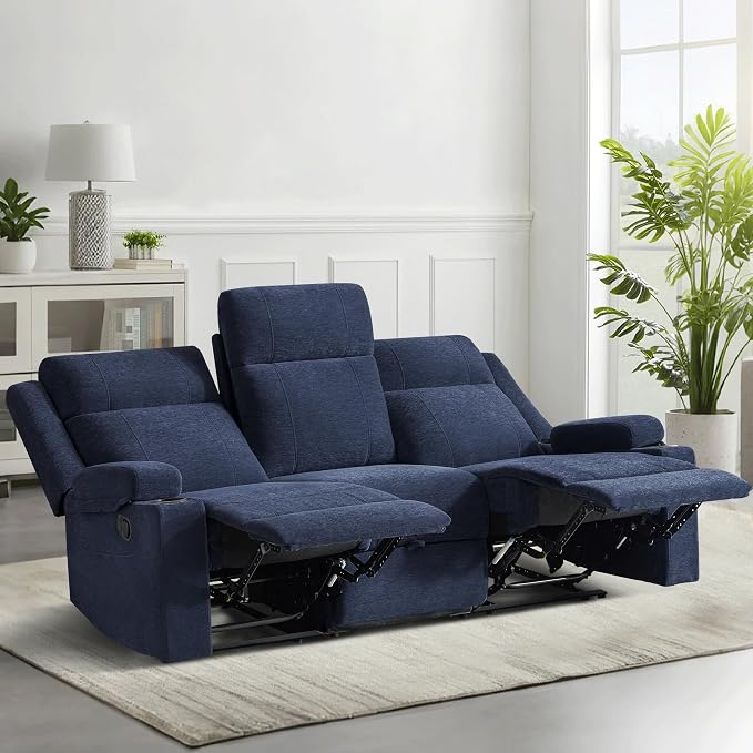 GUEAPY Large Manual Reclining Sofa 3-Seater Chenille Recliner Couch with Cup Holders, Wide Seat, Easy Assembly & Spill-Resistant Fabric Cozy Reclining Sofa for Living Room, Apartment, RV, Blue