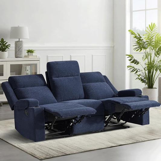 GUEAPY Large Manual Reclining Sofa 3-Seater Chenille Recliner Couch with Cup Holders, Wide Seat, Easy Assembly & Spill-Resistant Fabric Cozy Reclining Sofa for Living Room, Apartment, RV, Blue