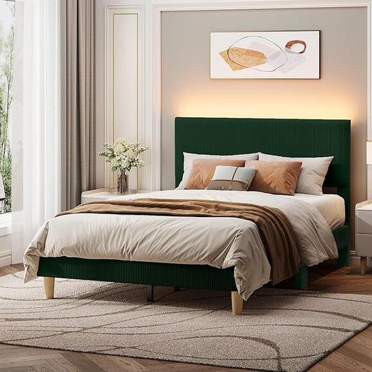 Bestier Full Bed Frame with Adjustable Headboard,LED Light,Green | Easy Assembly,LED Lighting Headboard,No Squeaks,Vertical Channel Corduroy Upholstered,Wood Slats Support,No Box Spring Needed
