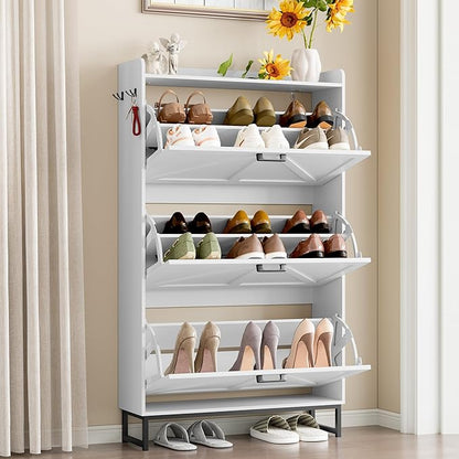 BORNOON Shoe Cabinet with 3 Flip Drawers Narrow Shoe Storage Cabinet Organizer Wooden Freestanding Shoe Rack Hidden Slim Shoes Storage Cabinet for Entryway, Hallway, Living Room, Bedroom