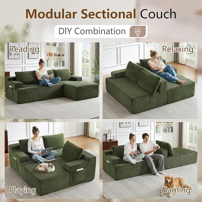 96" Cloud Sectional Couch with L-Shape Chaise, Modular Comfy Sofa Chaise Longue, Upholstered Corduroy Couches Sleeper with Deep Seat for Living Room Bedroom, No Assembly Required(Green, Right Facing)