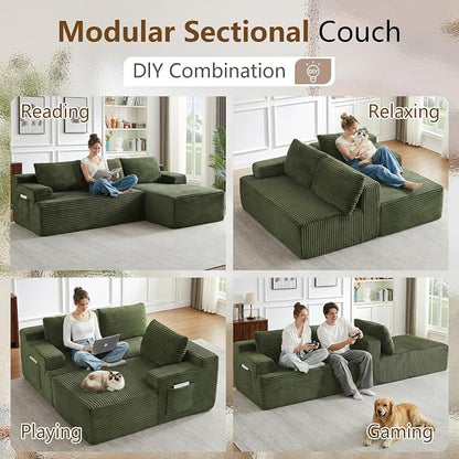96" Cloud Sectional Couch with L-Shape Chaise, Modular Comfy Sofa Chaise Longue, Upholstered Corduroy Couches Sleeper with Deep Seat for Living Room Bedroom, No Assembly Required(Green, Right Facing)
