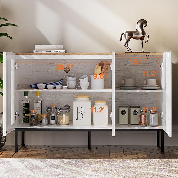 BVIUNTWO 47" Farmhouse Buffet Cabinet with Metal Base, Adjustable Shelves & 3 Doors, Antique White Storage Sideboard for Kitchen, Dining & Living Room