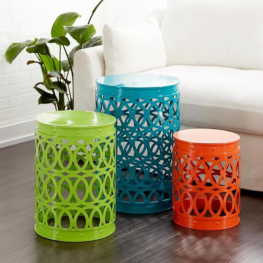 Deco 79 Metal Accent Table, 22", 18", 15"H, Matte Multi Colored | Small outdoor table style, set of 3 accent tables, outdoor end tables for patio, laser cut iron