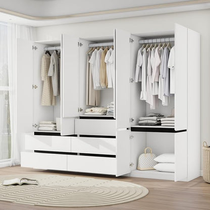Armoire Wardrobe Closet with Drawers：75" Large White Wardrobe Closet Cabinet with 6 Doors for Hanging Clothes, Modern Wooden Bedroom Armoires with 5 Drawers and Storage (A+B+C, 94.5")