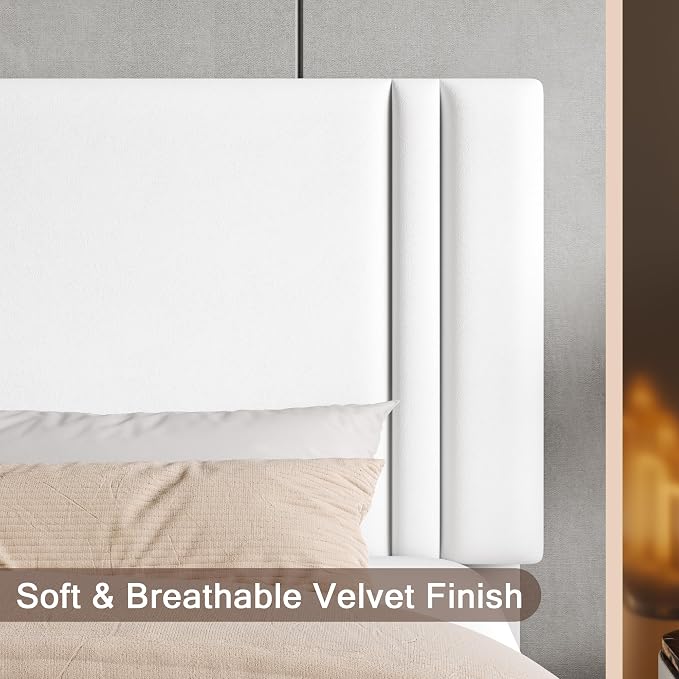 Einhomn Upholstered Full Size Bed Frame with Velvet Fabric Headboard, Strong Wooden Slats Support, Noise Free, No Box Spring Needed, White