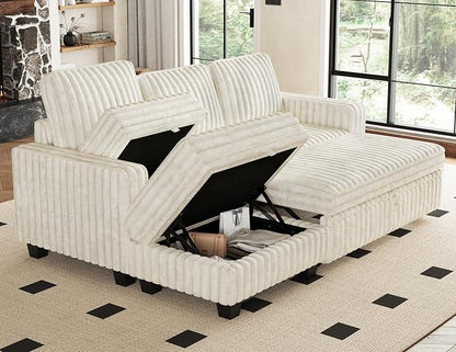 Belffin Corduroy Modular Sectional Sleeper Sofa with Pull Out Bed Small Sectional Couches with Storage for Living Room Apartment Couch. Beige Couch