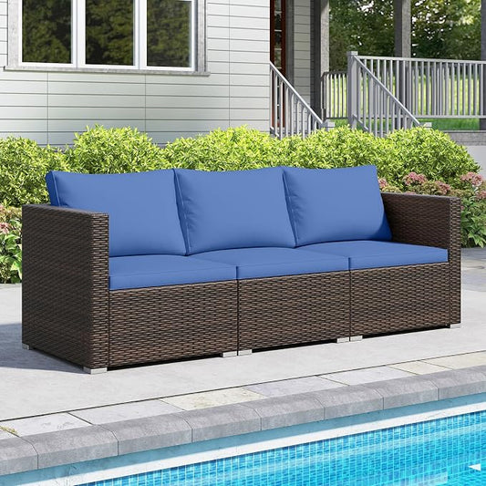Tangkula 3 Seat Outdoor Wicker Sofa Set, Modular PE Rattan Patio Cushioned Sectional Couch Set, Outside Furniture Set for Deck, Backyard, Porch, Garden & Poolside (Brown-Navy)
