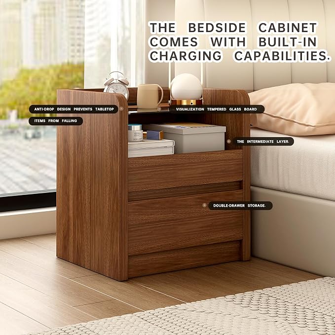 Walnut Nightstand Set of 2 with Charging Station, 20 Inch Wide Night Stand with Drawers, Modern Bedroom Bedside End Table with Round Corners & Reinforced Panel for Dorm, Sofa, Office, Living Room