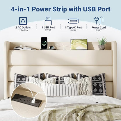 Allewie Full Size Upholstered Bed Frame with Charging Station & Storage Headboard, Soft Velvet Wingback Platform Bed, Strong Wooden Slats Support, No Box Spring Needed, Easy Assembly, Cream