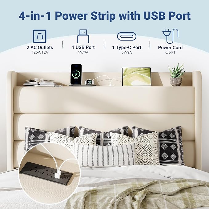 Allewie Queen Size Upholstered Bed Frame with Charging Station & Storage Headboard, Soft Velvet Wingback Platform Bed, Strong Wooden Slats Support, No Box Spring Needed, Easy Assembly, Cream