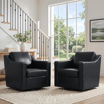 Swivel Accent Chair, Modern Round Barrel Arm Chair for Living Room, Bedroom, Comfy Club Reading Chairs for Adults (Leather Black, Set of 2)