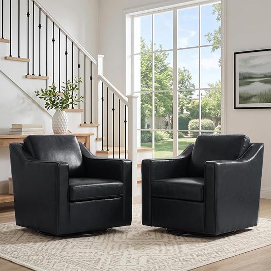 Swivel Accent Chair, Modern Round Barrel Arm Chair for Living Room, Bedroom, Comfy Club Reading Chairs for Adults (Leather Black, Set of 2)