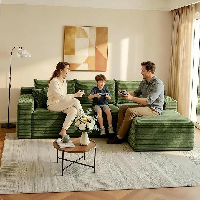 JINGLING 94" L Shape Couch with Right Chaise, Memory Foam Boneless Sectional Sofa in a Box, No Assembly Modular Small Couches for Small Spaces, Living Room, Apartments, Plush Corduroy, Green