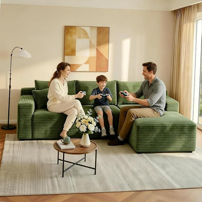 JINGLING 94" L Shape Couch with Right Chaise, Memory Foam Boneless Sectional Sofa in a Box, No Assembly Modular Small Couches for Small Spaces, Living Room, Apartments, Plush Corduroy, Green