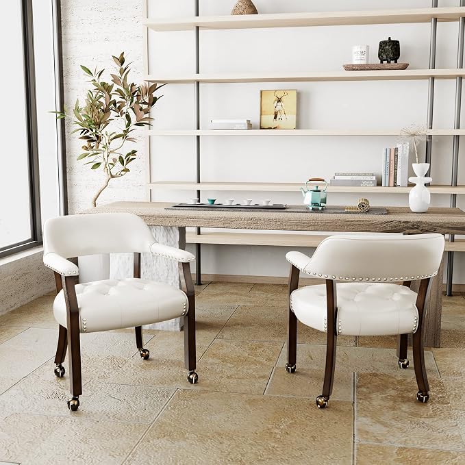 LEEMTORIG Set of 2 Dining Chairs with Casters and Arms, Large Rolling Dining Chairs with Wheels, Poker Chairs, Solid Wood Boss Caption's Chairs, 26"Dx25.2"Wx31.5"H, Espresso Legs & Ivory PU SY-318-WT