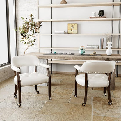 LEEMTORIG Set of 8 Dining Chairs With Casters and Arms, Large Rolling With Wheels, Poker Table, Solid Wood Boss Caption's Office, Espresso Legs & Ivory PU SY-318-WT