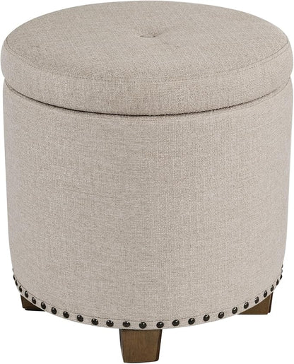 HomePop 18.5" Round Storage Ottoman with Nailheads - Light Brown Fabric