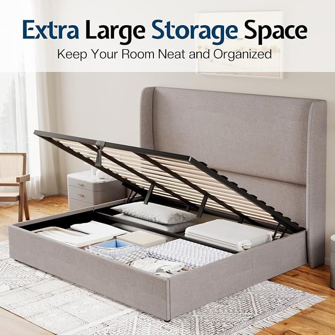 Jocisland King Size Upholstered Platform Bed Frame with Hydraulic Lift Storage, Wingback Headboard, Wood Slats Support, No Box Spring Needed, Linen Light Grey