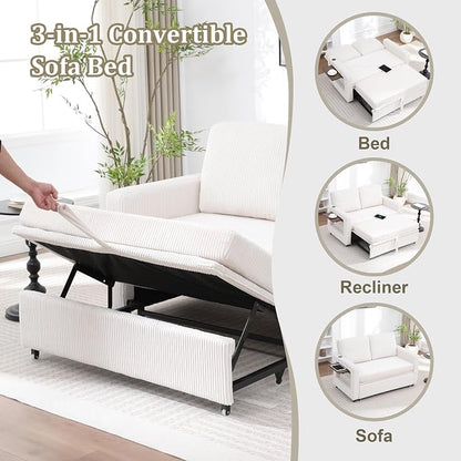 3 in 1 Folding Convertible Sleeper Sofa Bed Pull Out Couch with Side Pockets USB Port Side Table Loveseat Sofa Bed with Adjustable Backrest for Living Room Bedroom 66" Beige 2 SEAT