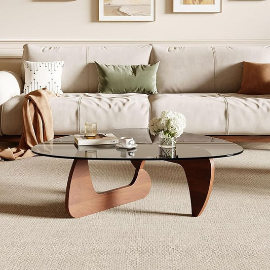 Modern Coffee Table for Living Room and Small Spaces, 43.3" x 29.5" x 15.8" Triangle Tempered Glass Table Top and Eco-Friendly Solid Wood Base, Walnut