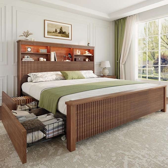 Queen Size Bed Frame and Tall Headboard & Storage, Metal Platform Bed Frame with 4 Storage Drawers, Queen Bed Frame with LED Lights & Charging Ports, No Box Spring Needed, Noise-Free, Brown