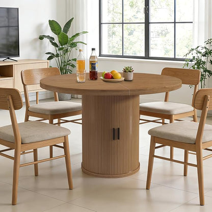 35.5'' Round Pedestal Dining Table, 2-4 Modern Fluted Dining Room Kitchen Table with Storage Shelf, Wood Base Dinner Tables for Kitchen, Breakfast Nook, Small Space, Living Room(Walnut)