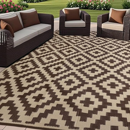 SAND MINE Reversible Mats, Plastic Straw Rug, Modern Area Rug, Large Floor Mat and Rug for Outdoors, RV, Patio, Backyard, Deck, Picnic, Beach, Trailer, Camping (6' x 9', Brown & Beige)