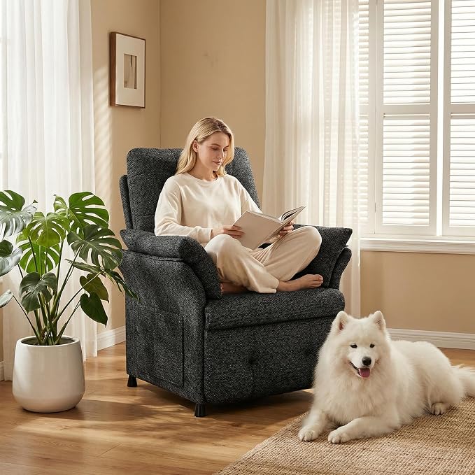 Power Recliner Chair for Adults with Heat & Massage - Linen Electric Reclining Sofa with Remote Control, 3 Side Pockets, 180° Lay Sleeper for Home Theater Living Room, Dark Grey