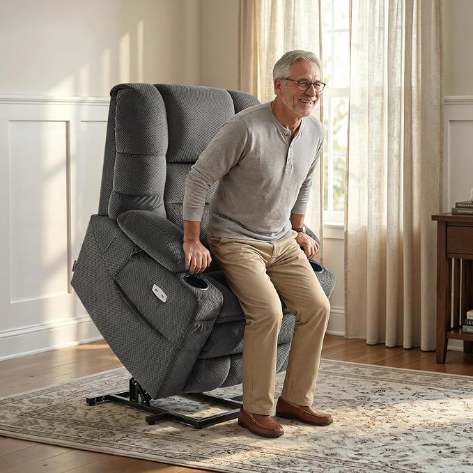 MCombo Triple Motor Lay Flat Power Lift Recliner Chair for Tall Elderly, Infinite Position, Massage, Dual Heating, Adjustable Headrest, Fabric 7634 (Grey, Large)
