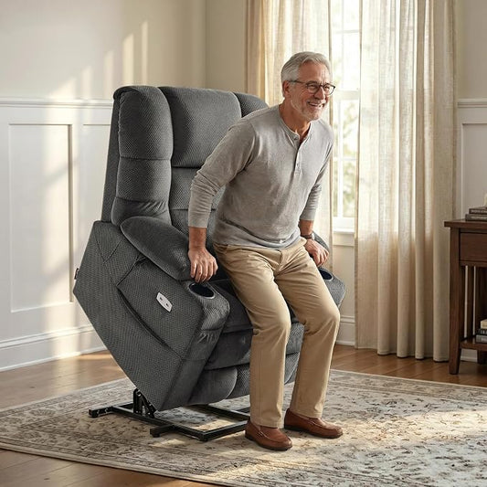 MCombo Triple Motor Lay Flat Power Lift Recliner Chair for Tall Elderly, Infinite Position, Massage, Dual Heating, Adjustable Headrest, Fabric 7634 (Grey, Large)