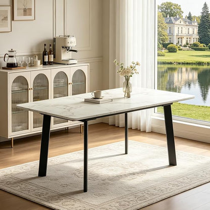 Modern 47.2"-63" Extendable Rectangular Dining Table, White | Removable Extension Leaf, Durable MDF Tabletop, Accommodates 4-8 Guests, Industrial Dining Room Small Kitchen & Dinner Spaces