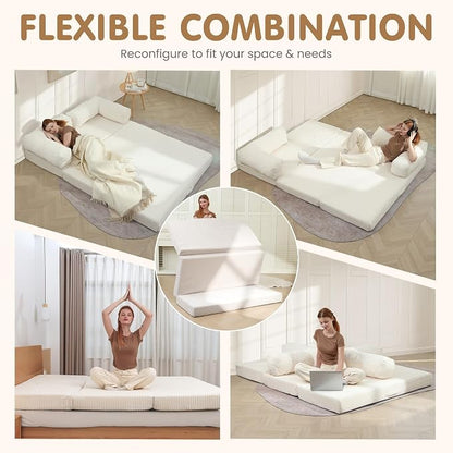 Convertible Sofa Bed Full,5-in-1 Folding Boneless Couch Corduroy Futon Sofa Bed,Tri-Fold Mattress with Removable Armrests & Handle,Sleeper with Pull Out Bed for Small Space Living Room Bedroom,Beige