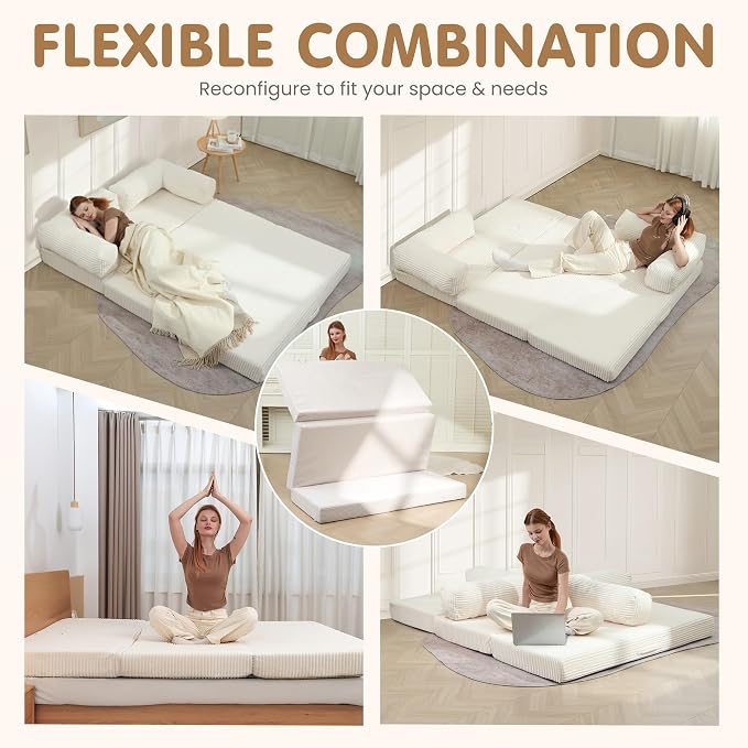 Convertible Sofa Bed King,5-in-1 Folding Boneless Couch Corduroy Futon Sofa Bed,Tri-Fold Mattress with Removable Armrests & Handle,Sleeper with Pull Out Bed for Small Space Living Room Bedroom