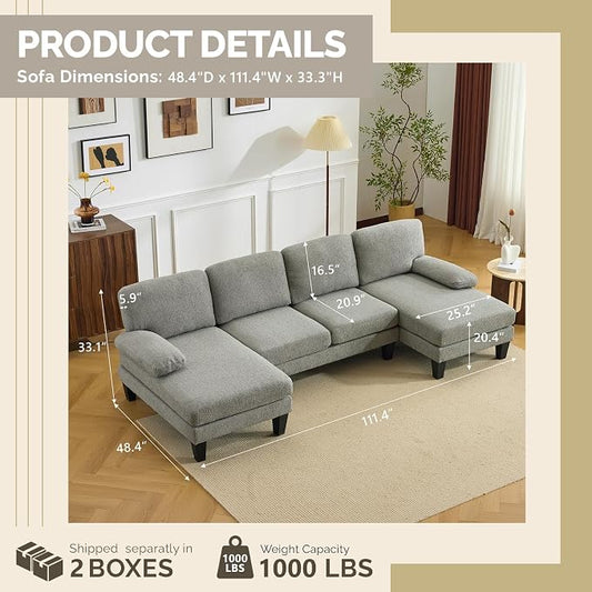 VINGLI 110' U-Shaped Sectional Couch with Two Chaise, Affordable Small Sofa with 4 Seats, Chenille Fabric Comfy Couches for Living Room, Blue